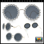 Womens Pearl Bling Round Circle Oversized Metal Rim Wave Arm Sunglasses