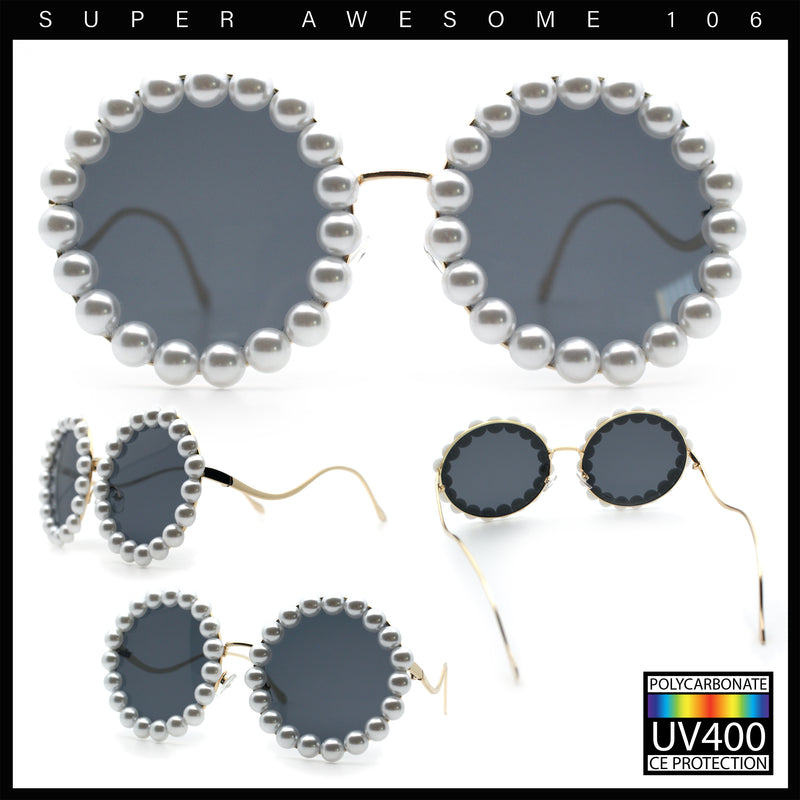Womens Pearl Bling Round Circle Oversized Metal Rim Wave Arm Sunglasses