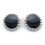 Womens Pearl Bling Round Circle Oversized Metal Rim Wave Arm Sunglasses