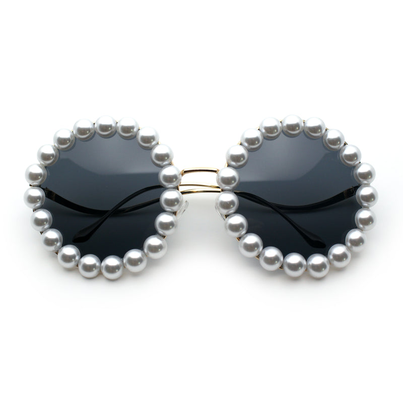 Womens Pearl Bling Round Circle Oversized Metal Rim Wave Arm Sunglasses