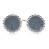 Womens Pearl Bling Round Circle Oversized Metal Rim Wave Arm Sunglasses