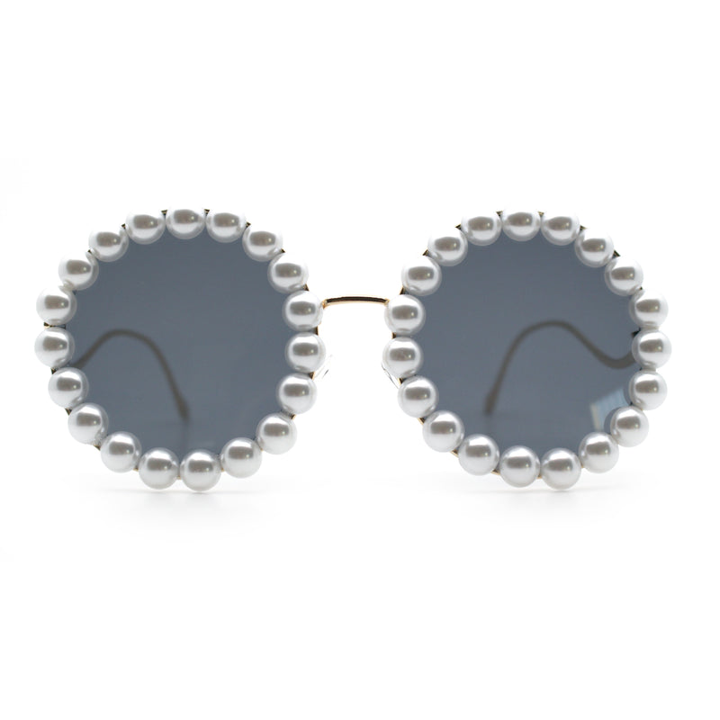 Womens Pearl Bling Round Circle Oversized Metal Rim Wave Arm Sunglasses