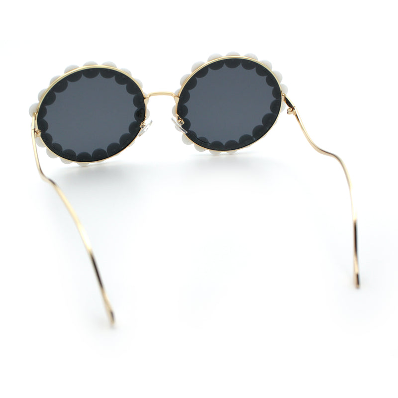 Womens Pearl Bling Round Circle Oversized Metal Rim Wave Arm Sunglasses
