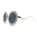 Womens Pearl Bling Round Circle Oversized Metal Rim Wave Arm Sunglasses