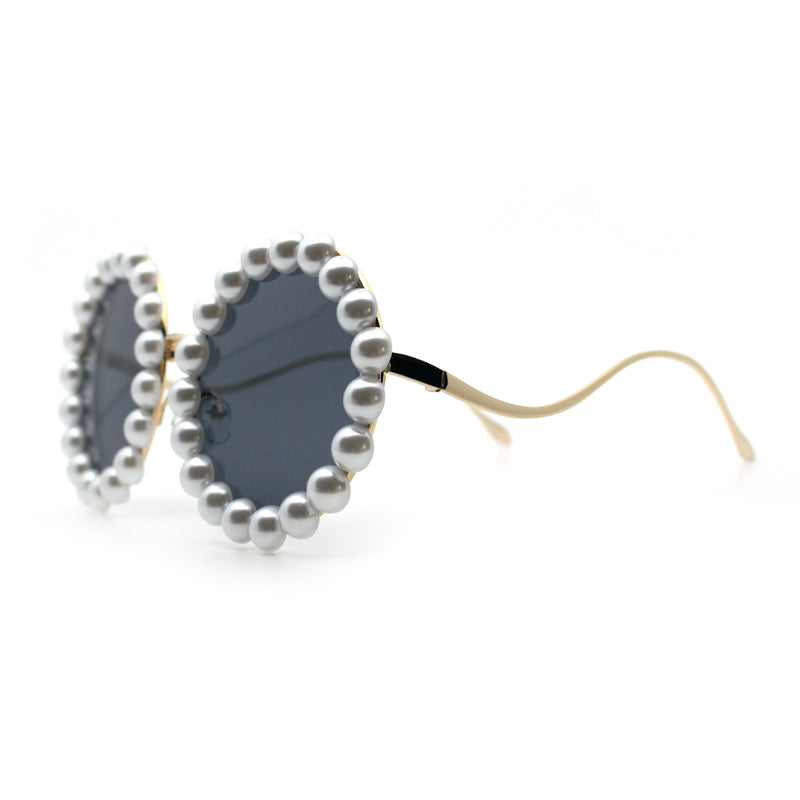 Womens Pearl Bling Round Circle Oversized Metal Rim Wave Arm Sunglasses
