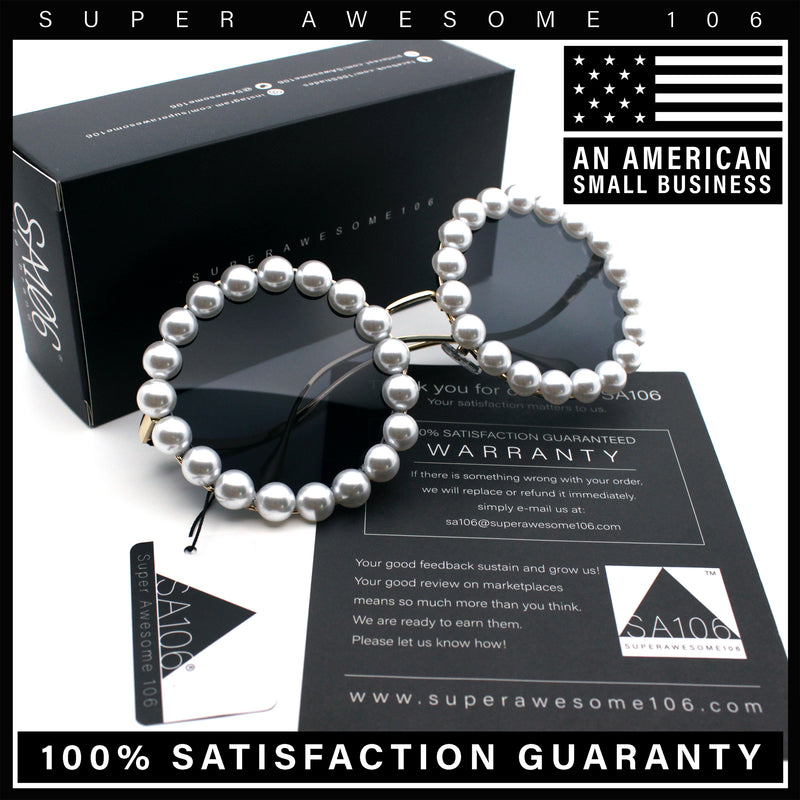 Womens Pearl Bling Round Circle Oversized Metal Rim Wave Arm Sunglasses