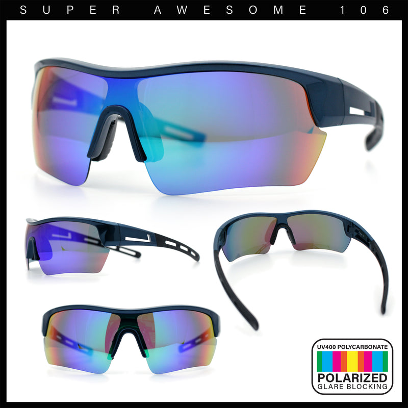 Polarized Mirror Mens Half Rim Rectangle Plastic Sport Wrap Around Sunglasses