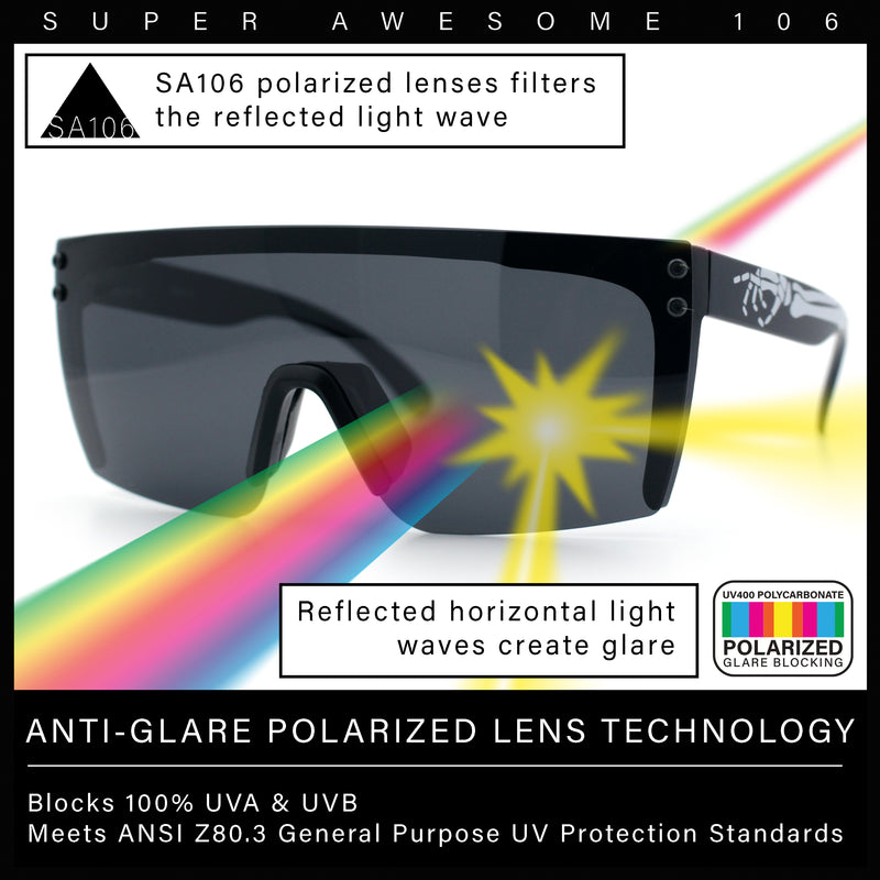 Polarized Mens Shield Oversized Rimless Rectangle Plastic Skeleton Arm Print Sunglasses