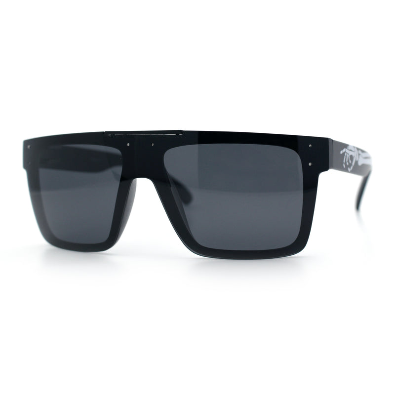 Polarized Mens Shield Oversized Rimless Skeleton Arm Print Horn Rim Sunglasses