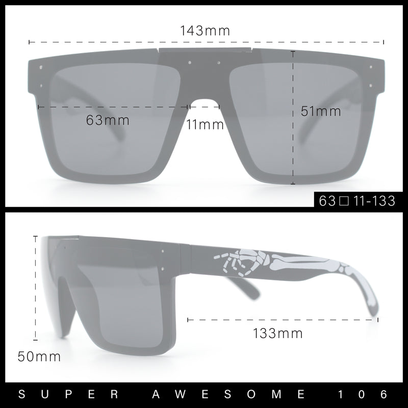 Polarized Mens Shield Oversized Rimless Skeleton Arm Print Horn Rim Sunglasses