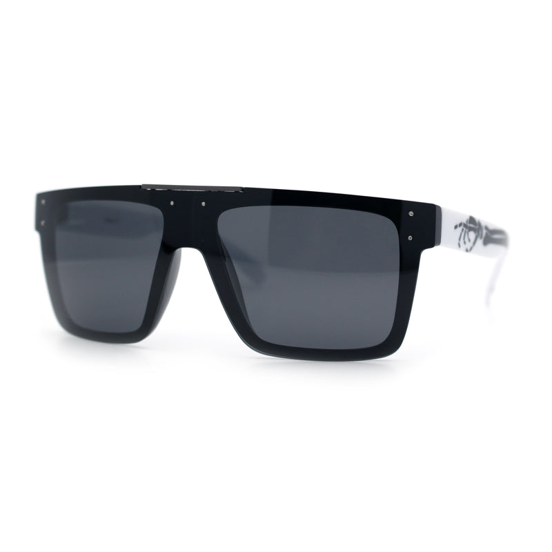 Polarized Mens Shield Oversized Rimless Skeleton Arm Print Horn Rim Sunglasses