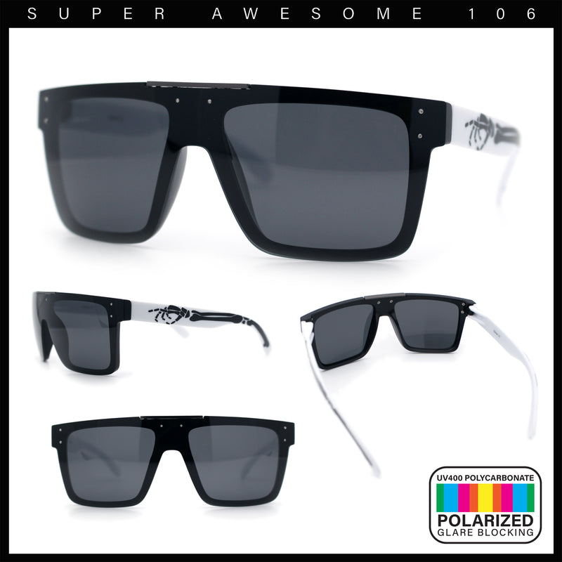 Polarized Mens Shield Oversized Rimless Skeleton Arm Print Horn Rim Sunglasses