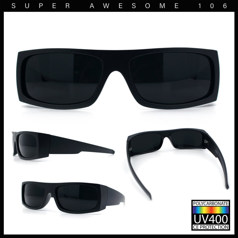 All Black Mens Classic 90s Biker Style Square Rectangle Plastic Sunglasses