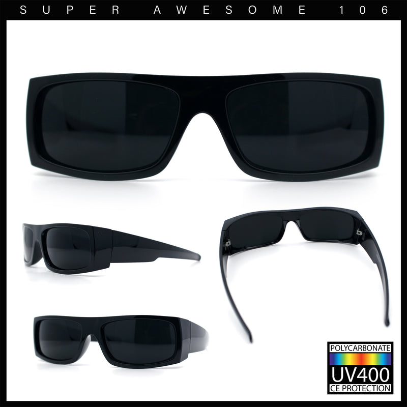 All Black Mens Classic 90s Biker Style Square Rectangle Plastic Sunglasses