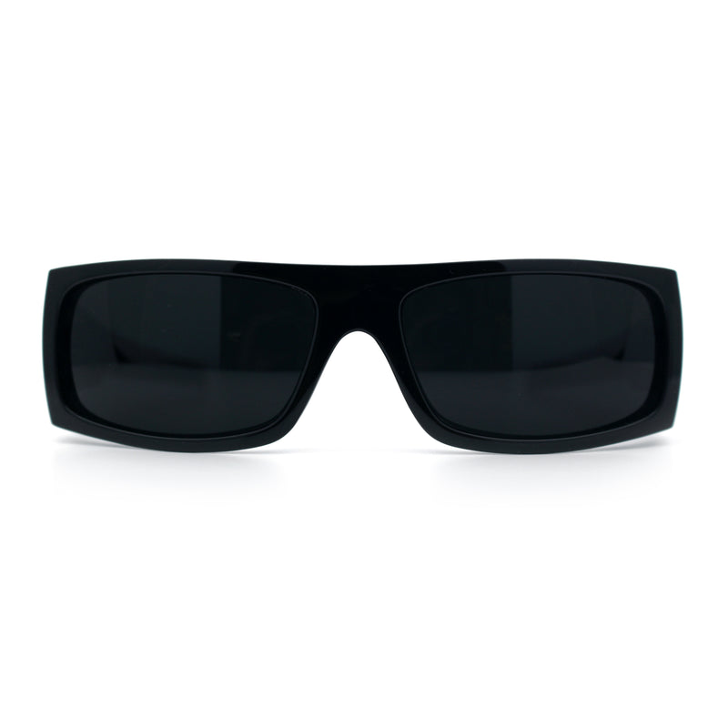 All Black Mens Classic 90s Biker Style Square Rectangle Plastic Sunglasses
