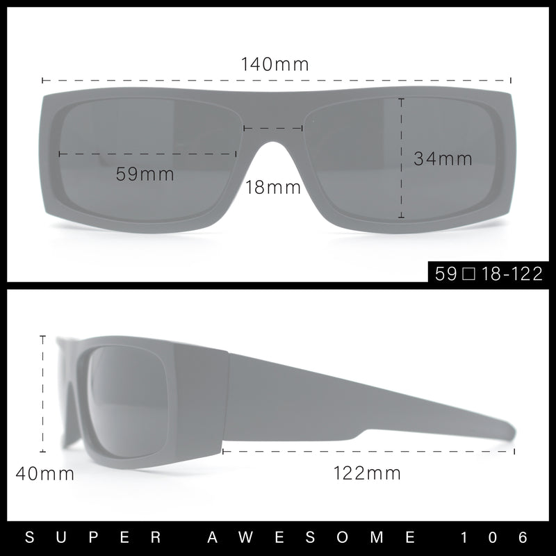 All Black Mens Classic 90s Biker Style Square Rectangle Plastic Sunglasses