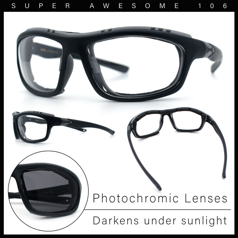 Photochromic Mens Choppers Oval Wrap Around Biker Riding Plastic Sunglasses Black Grey
