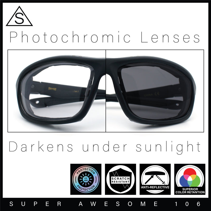 Photochromic Mens Choppers Oval Wrap Around Biker Riding Plastic Sunglasses Black Grey