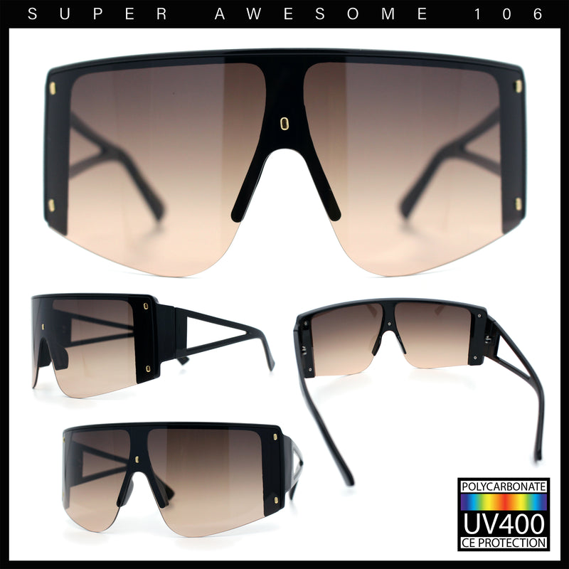 Womens Oversized Shield Curved Wrap Flat Top Half Rim Plastic Sunglasses