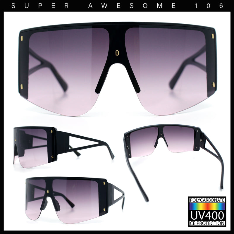 Womens Oversized Shield Curved Wrap Flat Top Half Rim Plastic Sunglasses