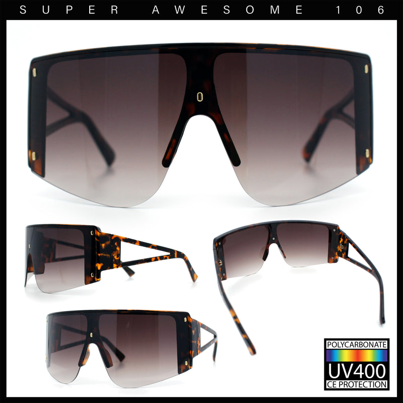 Womens Oversized Shield Curved Wrap Flat Top Half Rim Plastic Sunglasses