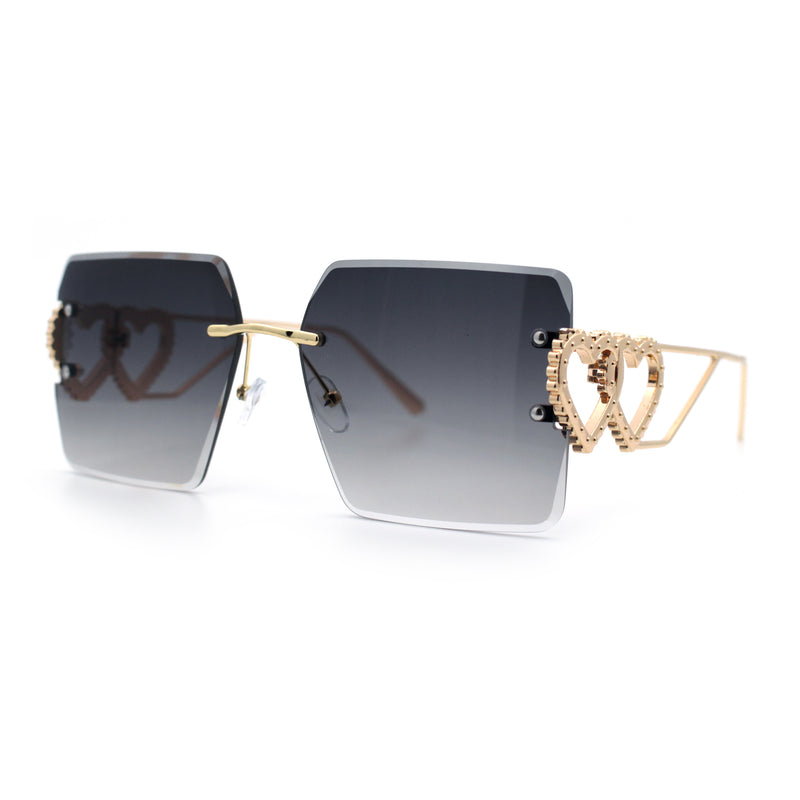 Heart Jewel Metal Hinge Rimless Oversized Rectangle Fashion Sunglasses