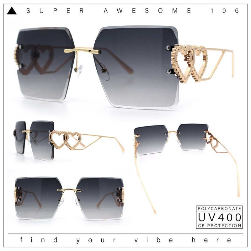 Heart Jewel Metal Hinge Rimless Oversized Rectangle Fashion Sunglasses