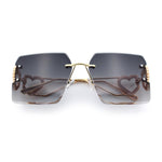 Heart Jewel Metal Hinge Rimless Oversized Rectangle Fashion Sunglasses