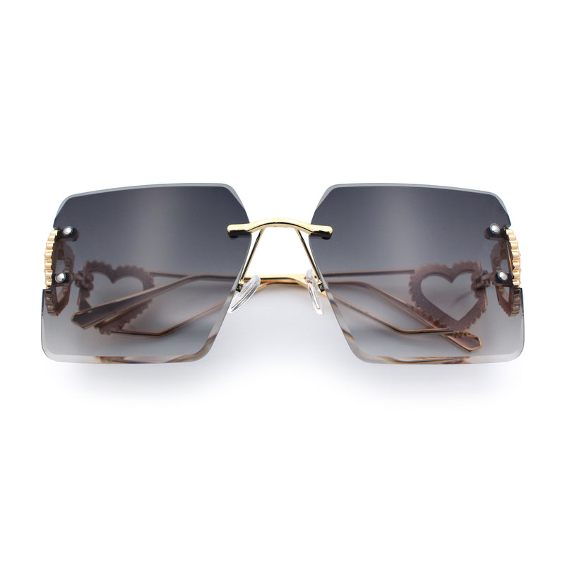 Heart Jewel Metal Hinge Rimless Oversized Rectangle Fashion Sunglasses
