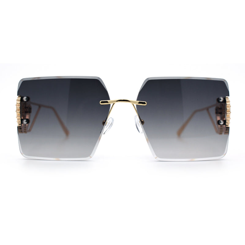 Heart Jewel Metal Hinge Rimless Oversized Rectangle Fashion Sunglasses