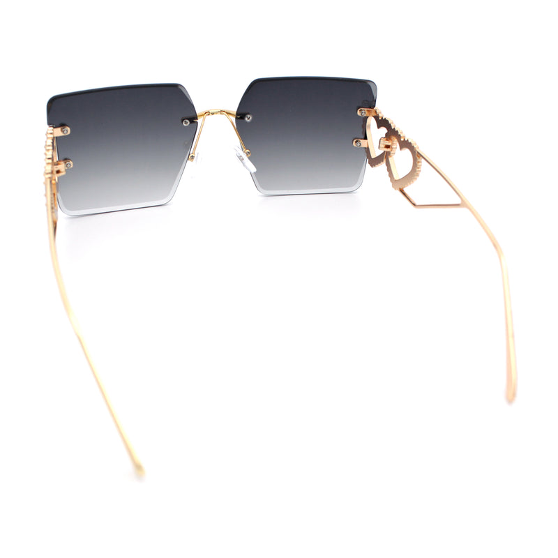 Heart Jewel Metal Hinge Rimless Oversized Rectangle Fashion Sunglasses