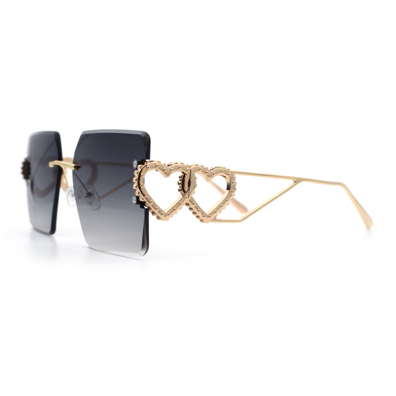 Heart Jewel Metal Hinge Rimless Oversized Rectangle Fashion Sunglasses