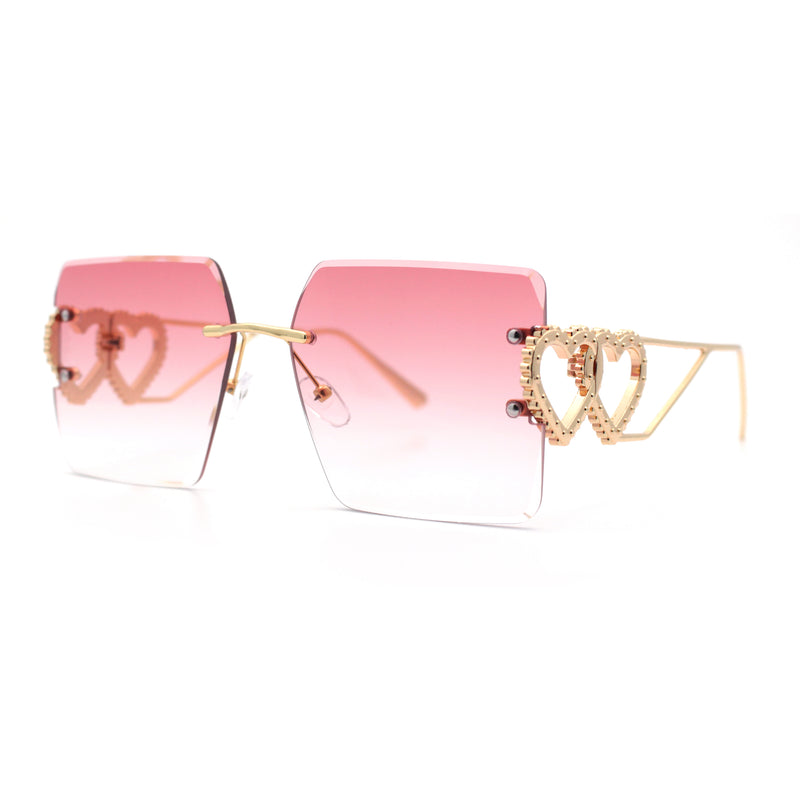 Heart Jewel Metal Hinge Rimless Oversized Rectangle Fashion Sunglasses