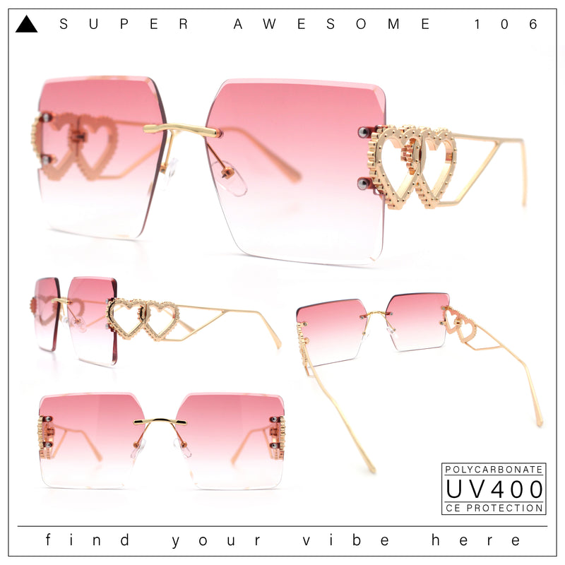 Heart Jewel Metal Hinge Rimless Oversized Rectangle Fashion Sunglasses