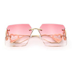Heart Jewel Metal Hinge Rimless Oversized Rectangle Fashion Sunglasses
