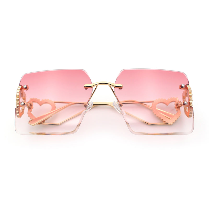 Heart Jewel Metal Hinge Rimless Oversized Rectangle Fashion Sunglasses