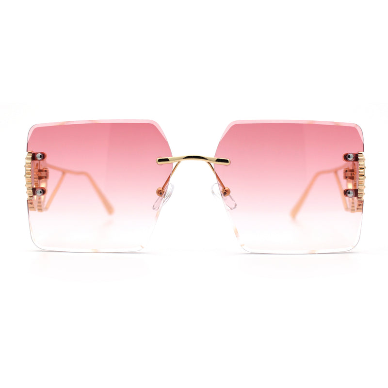 Heart Jewel Metal Hinge Rimless Oversized Rectangle Fashion Sunglasses