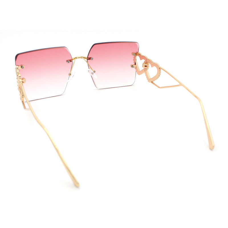 Heart Jewel Metal Hinge Rimless Oversized Rectangle Fashion Sunglasses