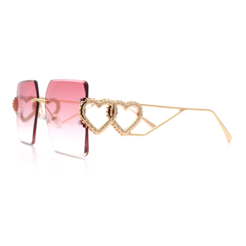 Heart Jewel Metal Hinge Rimless Oversized Rectangle Fashion Sunglasses