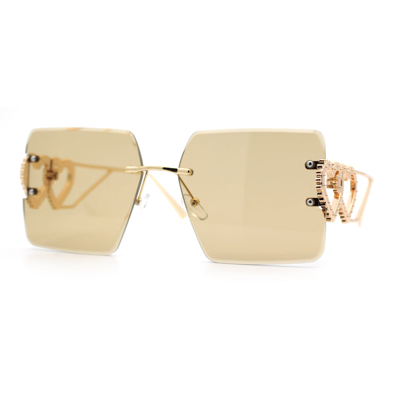 Heart Jewel Metal Hinge Rimless Oversized Rectangle Fashion Sunglasses