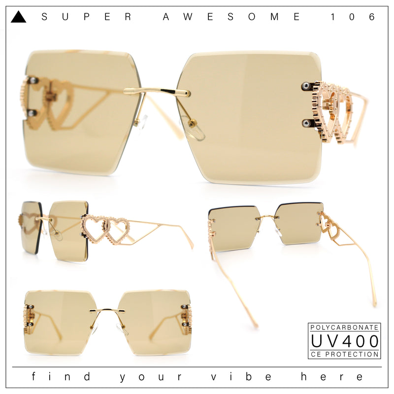 Heart Jewel Metal Hinge Rimless Oversized Rectangle Fashion Sunglasses
