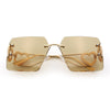 Heart Jewel Metal Hinge Rimless Oversized Rectangle Fashion Sunglasses