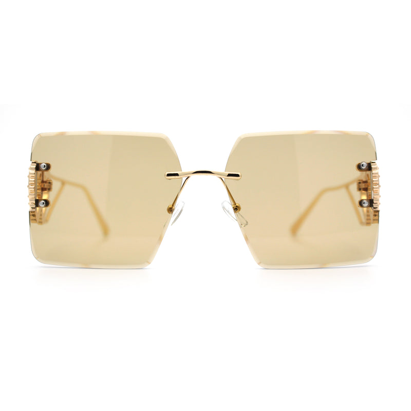Heart Jewel Metal Hinge Rimless Oversized Rectangle Fashion Sunglasses