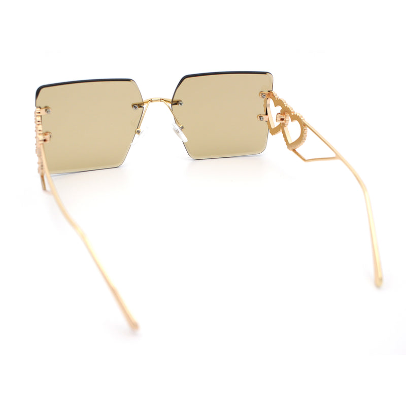 Heart Jewel Metal Hinge Rimless Oversized Rectangle Fashion Sunglasses