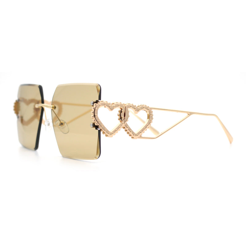Heart Jewel Metal Hinge Rimless Oversized Rectangle Fashion Sunglasses