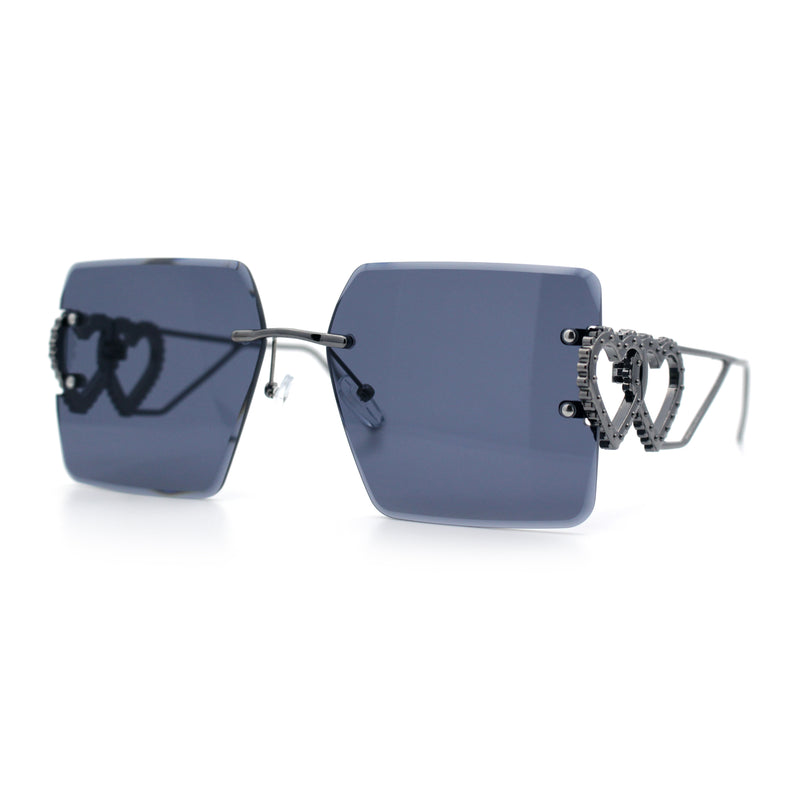 Heart Jewel Metal Hinge Rimless Oversized Rectangle Fashion Sunglasses