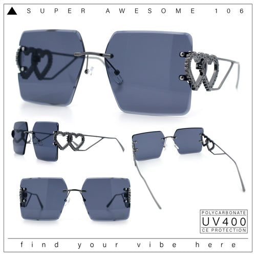 Heart Jewel Metal Hinge Rimless Oversized Rectangle Fashion Sunglasses
