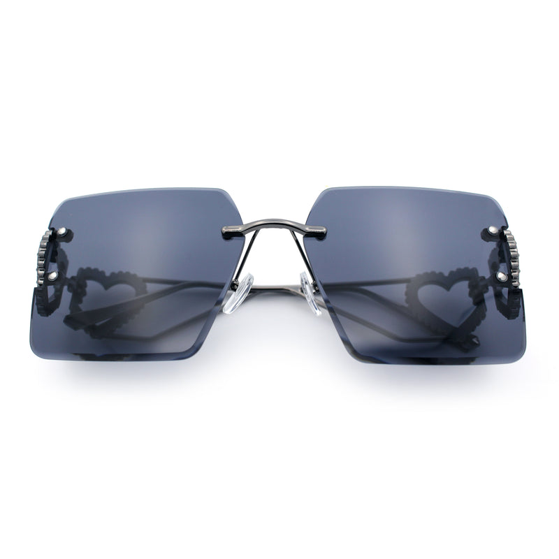 Heart Jewel Metal Hinge Rimless Oversized Rectangle Fashion Sunglasses