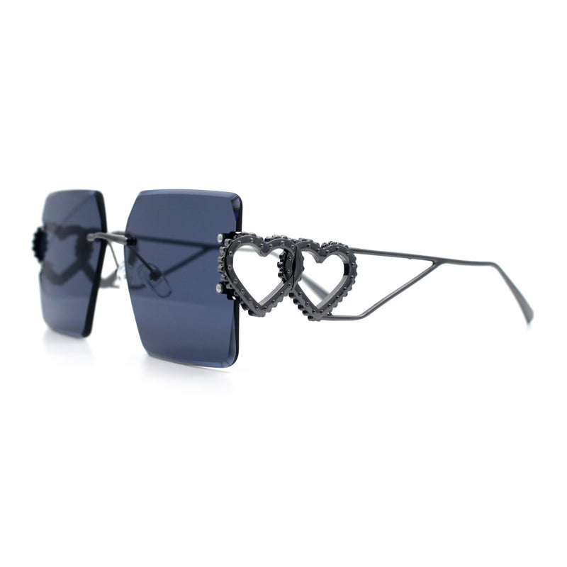 Heart Jewel Metal Hinge Rimless Oversized Rectangle Fashion Sunglasses