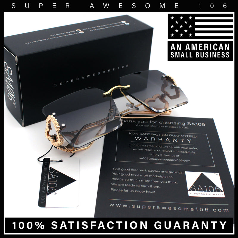 Heart Jewel Metal Hinge Rimless Oversized Rectangle Fashion Sunglasses